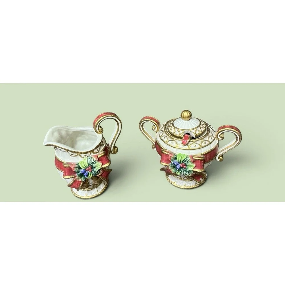 Fitz & Floyd Christmas Deer Creamer Sugar Bowl Spoon Red Bow Ribbon Tassel VTG